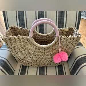Tan Woven Bag with PomPom Tie